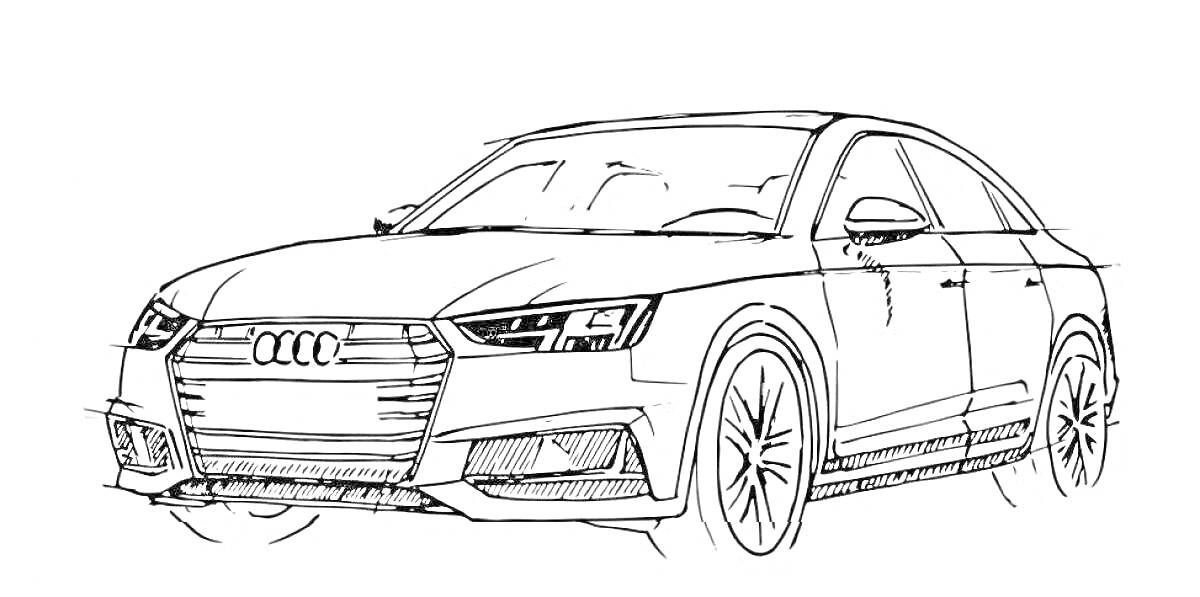 Раскраска Автомобиль Audi A4 с деталями кузова и колесами