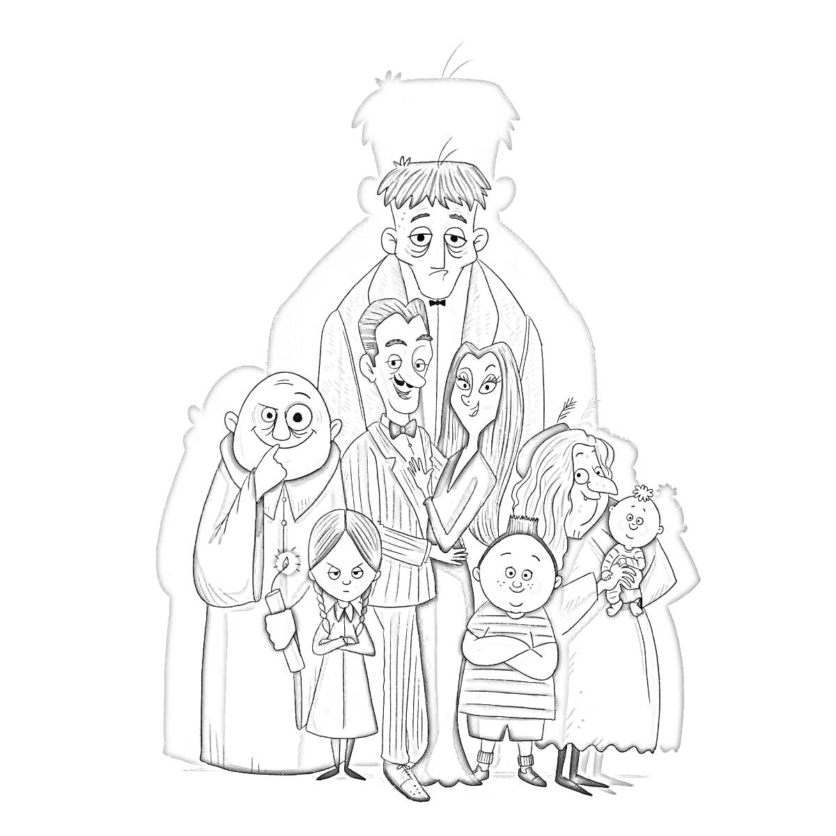 Раскраска Семья, стоящая на фоне большого мужчины в тени, включая мужчину в полосатом костюме, женщину с длинными волосами, лысого мужчины, девочку в полосатом платье с косичками, мальчика в полоске и женщину с длинными волосами и куклой в руках