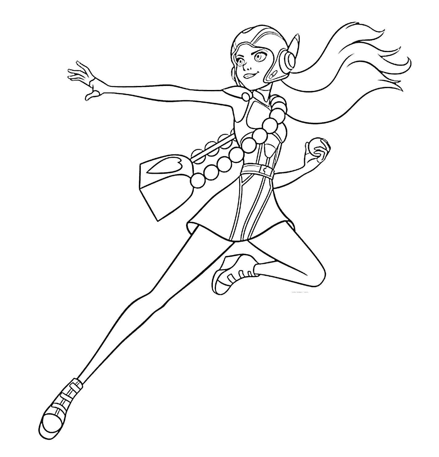 Раскраска Девушка в костюме героя с длинными волосами и наушниками, держащая мяч, в прыжке