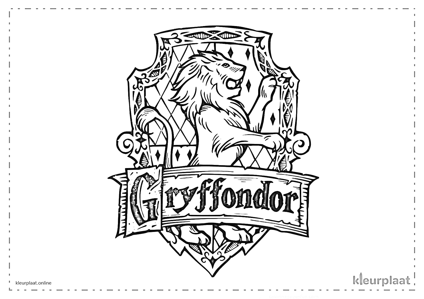 Герб факультета Гриффиндор со львом и надписью Gryffindor на фоне ромбовидного узора