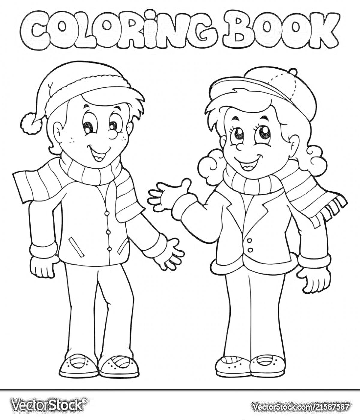 Раскраска Мальчик и девочка в зимней одежде, мальчик в шапке с помпоном и куртке, девочка в шапке и куртке с шарфом, текст 