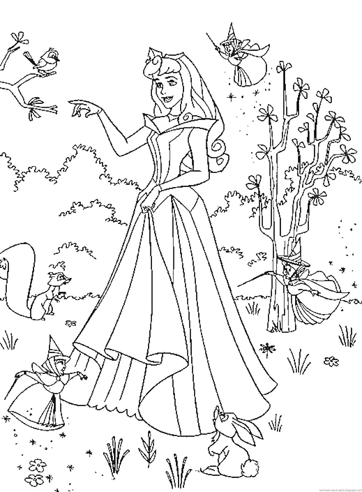 Раскраска Принцесса Аврора с животными и феями в лесу