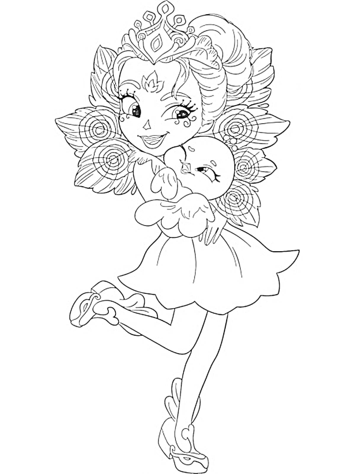 Раскраска Девочка с короной в цветах, держащая птичку на руках, на одной ноге