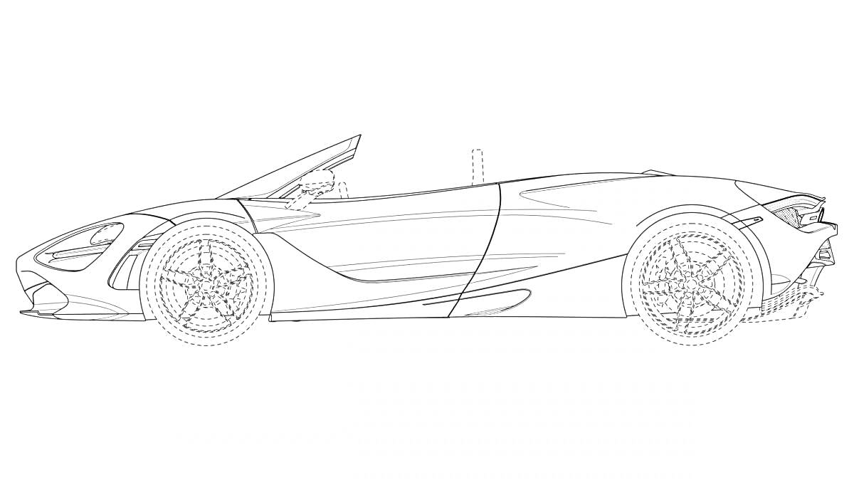 Раскраска Раскраска автомобиля McLaren с открытым верхом, покрышками и спицами на колёсах, фарой, дверью и зеркалом.