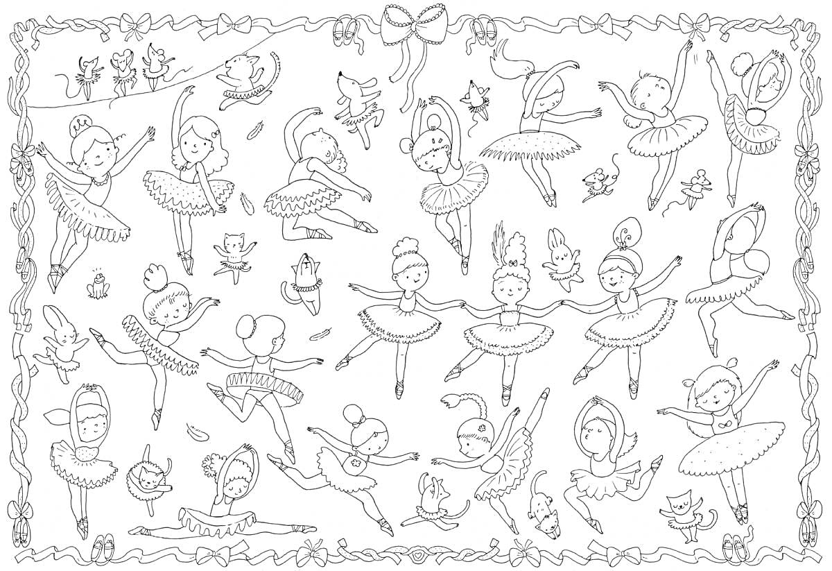 На раскраске изображено: Балерины, Танец, Юбки, Прыжки, Животные, Звезды, Цветы, Балет, Хореография