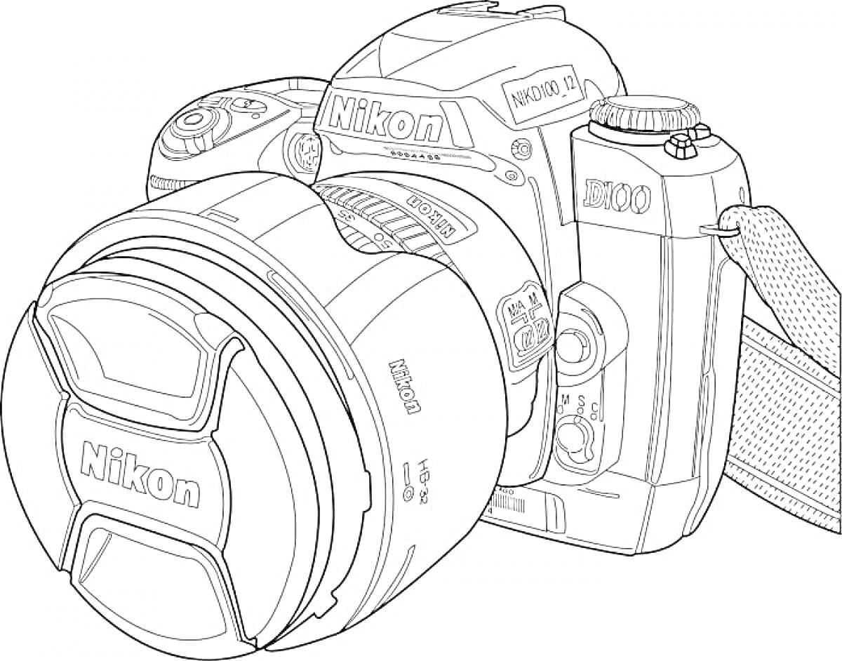 Раскраска Фотоаппарат Nikon с объективом и ремешком
