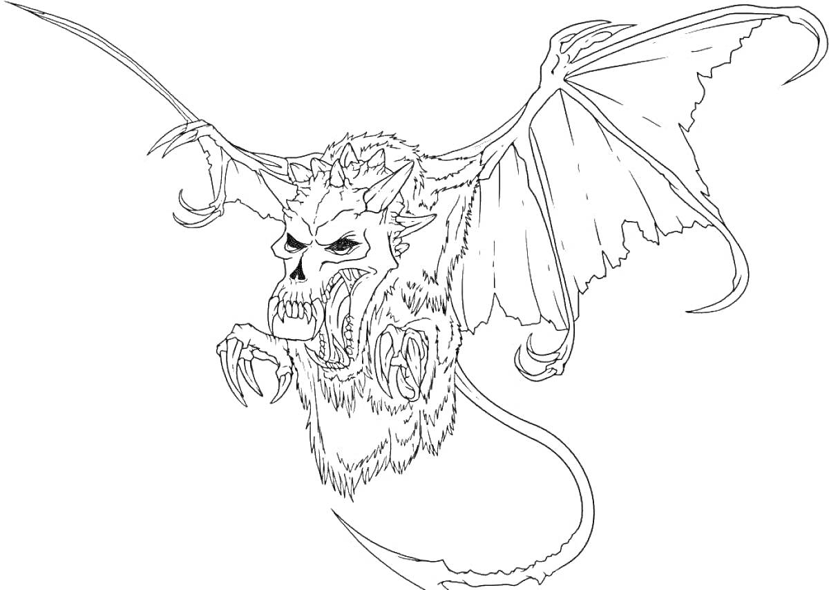 Раскраска Летучий дракон с черепом, когтями и хвостом