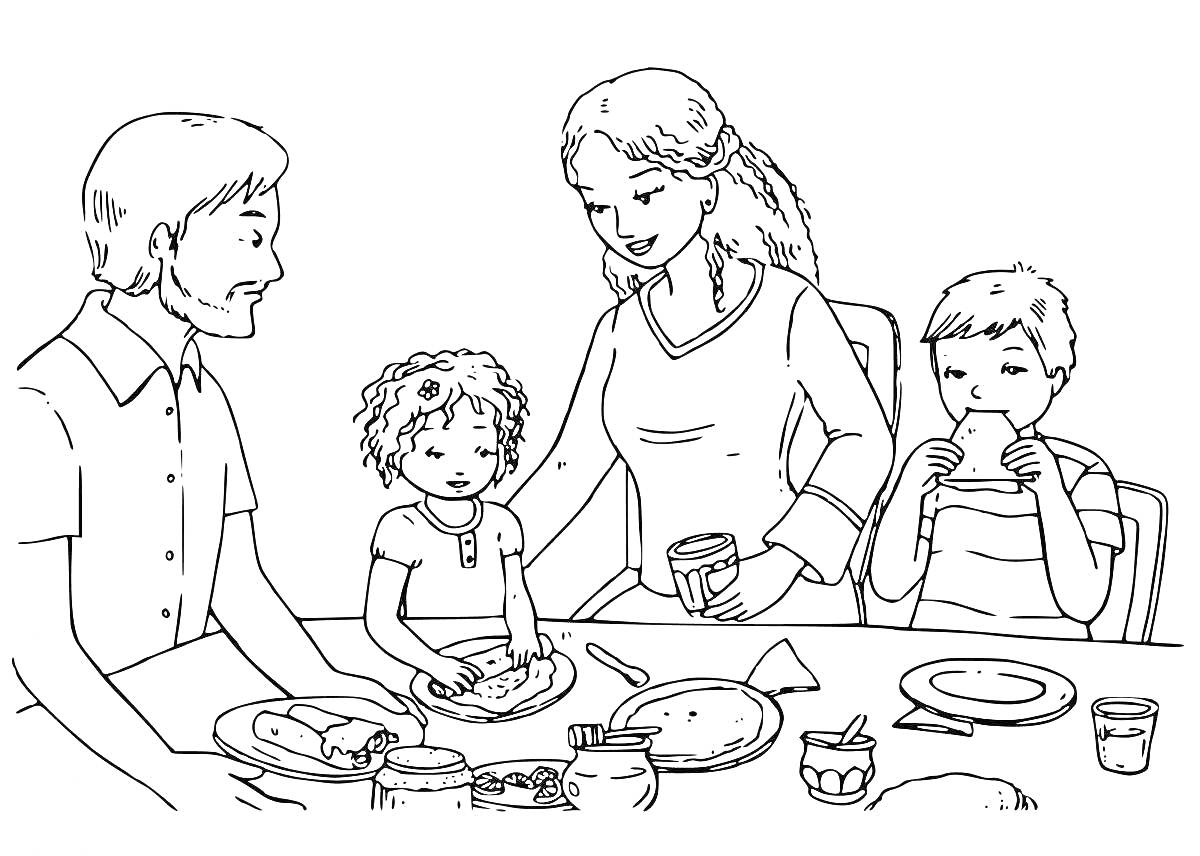 На раскраске изображено: Семья, Завтрак, Родители, Еда, Стол, Для детей, Тарелка, Стакан