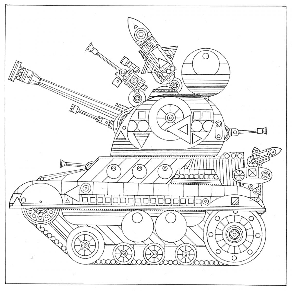 На раскраске изображено: Военная техника, Танк, Военная машина, Арт, Оружие