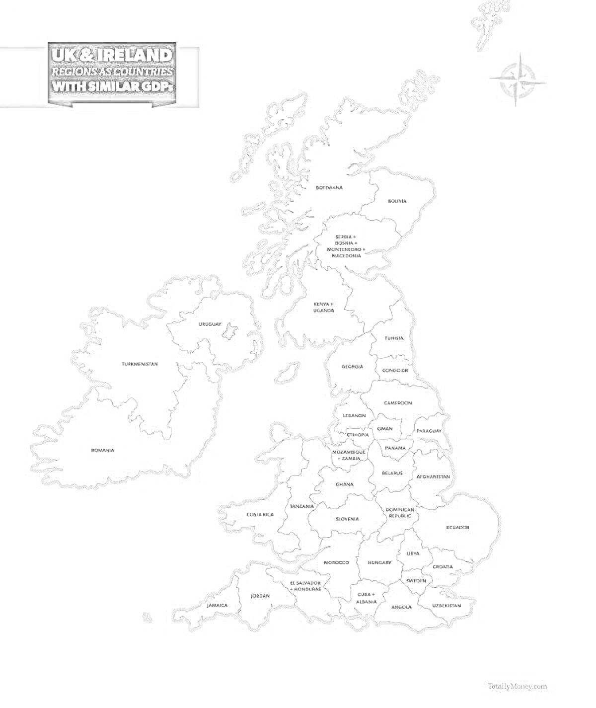 На раскраске изображено: Великобритания, Регионы, География, Карта