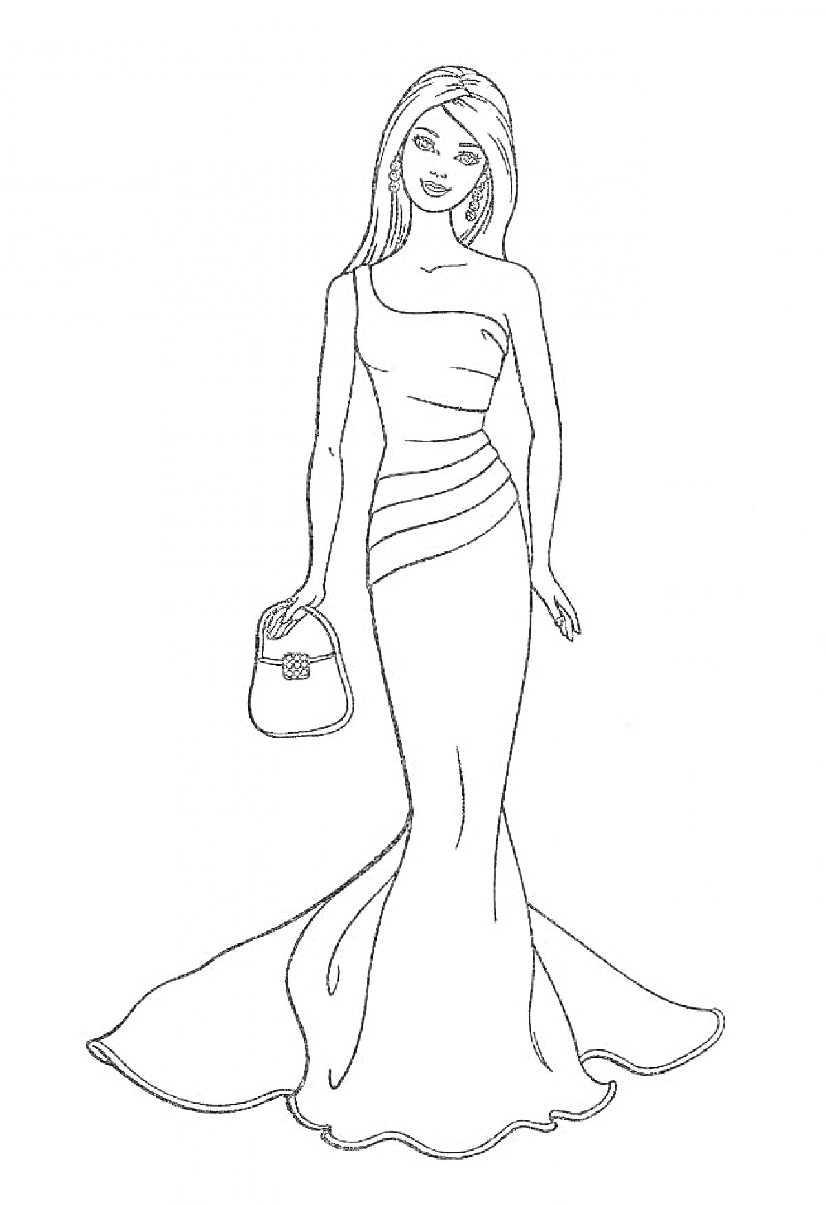 Раскраска Женщина в длинном платье с волнами и сумочкой в руке