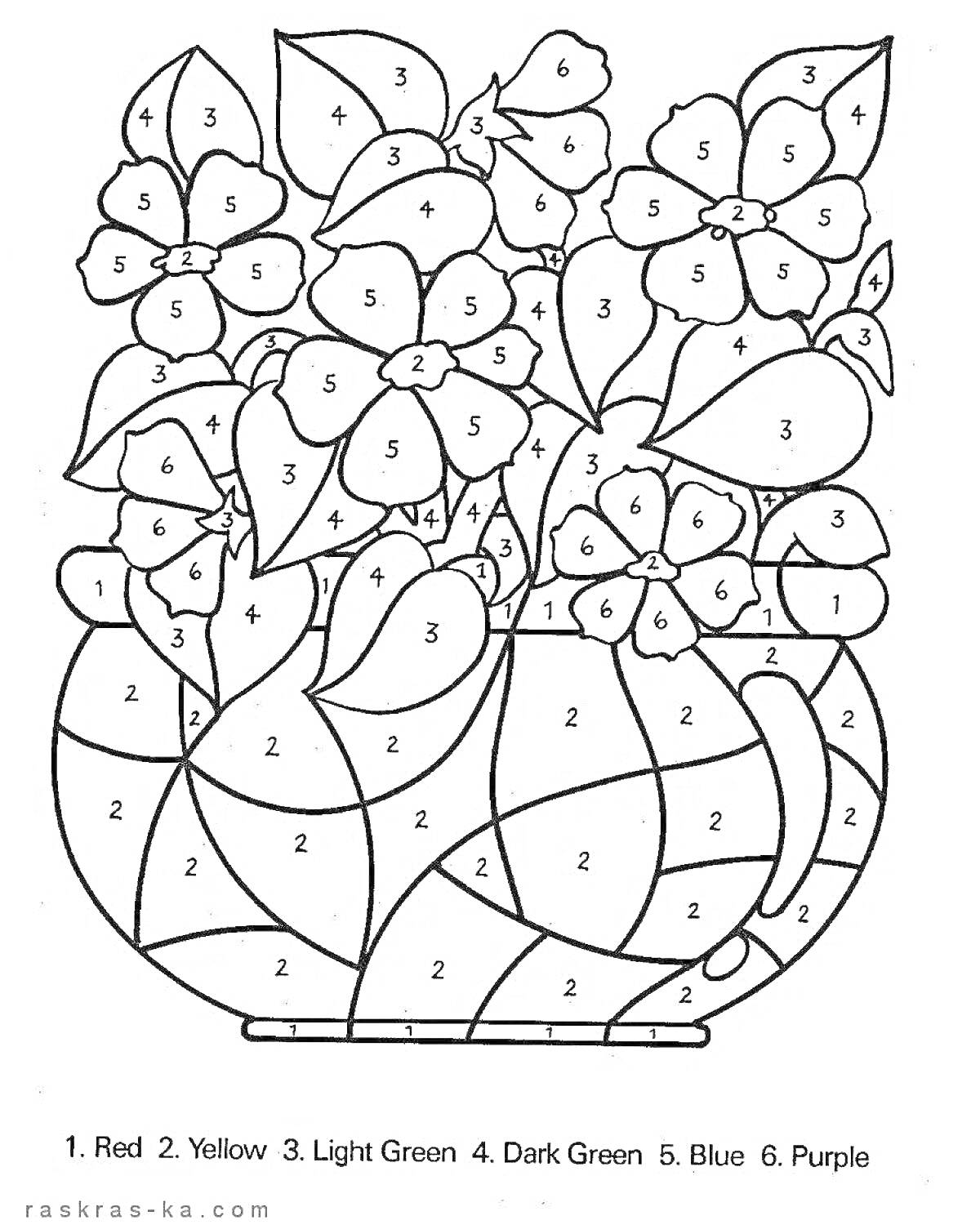 На раскраске изображено: По номерам, Цветы, Ваза, Желтый, Светло-зелёный, Темно-зеленый