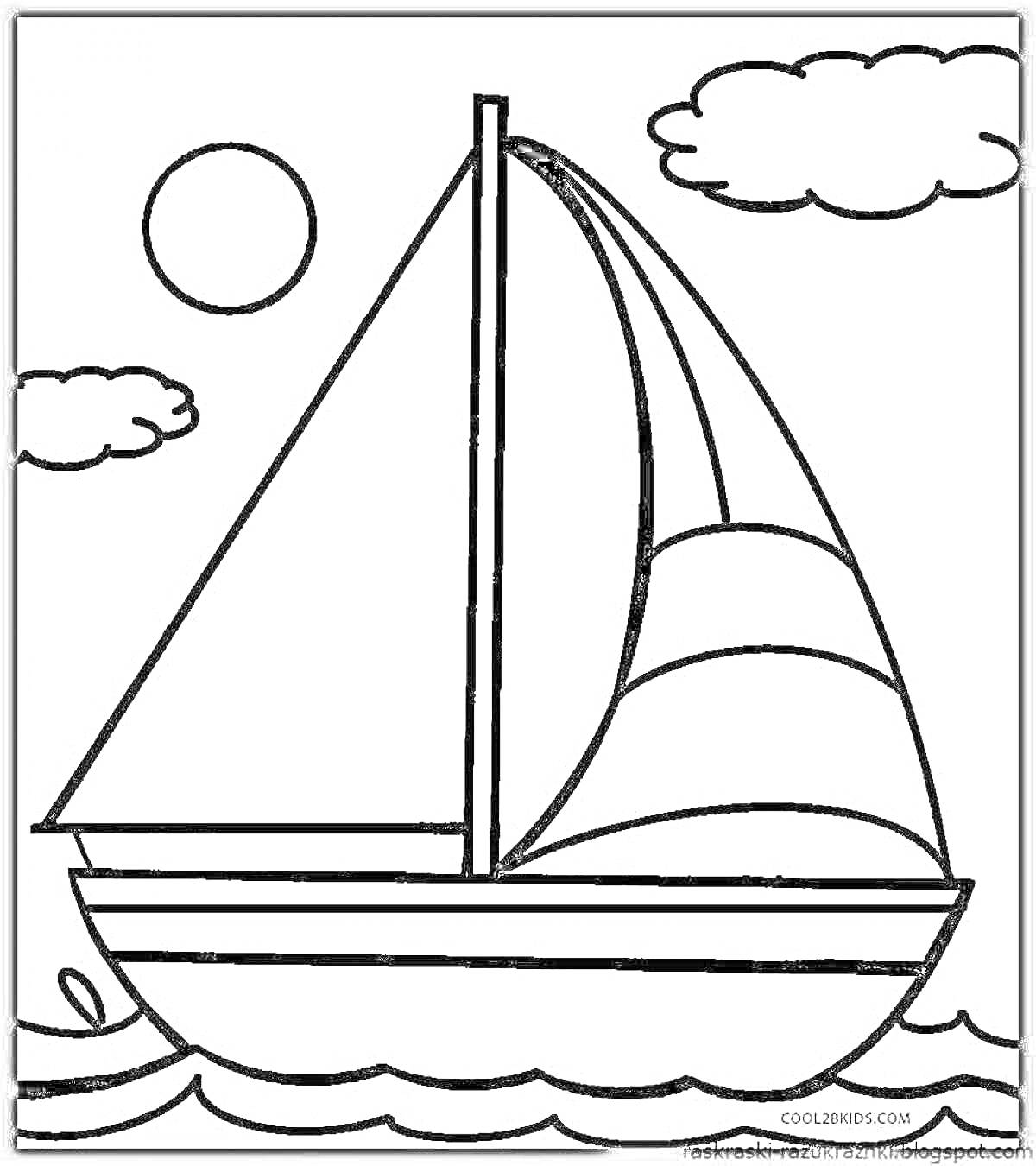 На раскраске изображено: Море, Волны, Солнце, Облака, Транспорт, Природа, Для детей, Корабль, Парусники