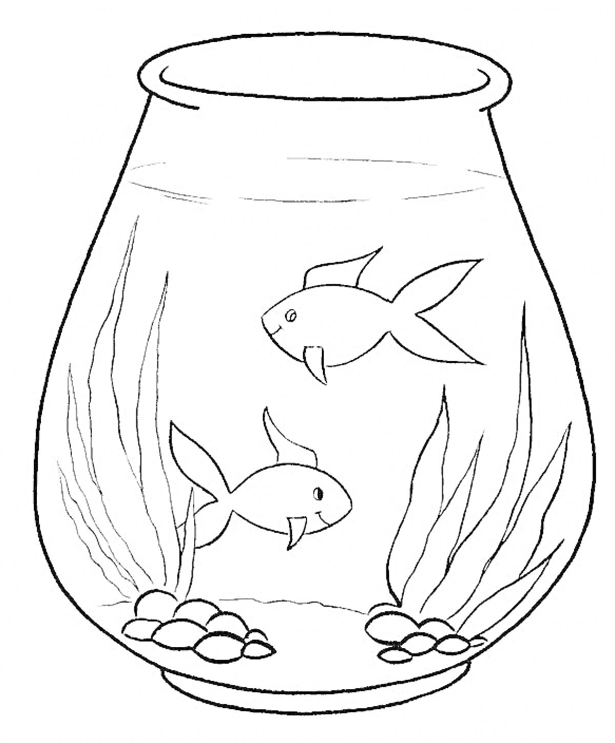 Раскраска Аквариум с рыбками, водорослями и камнями