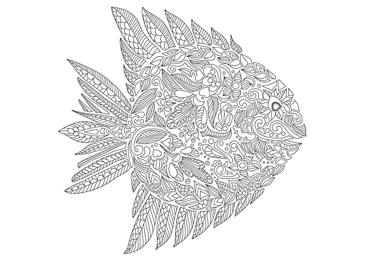 На раскраске изображено: Рыба, Цветы, Листья, Узоры, Антистресс, Зенарт, Морская тематика