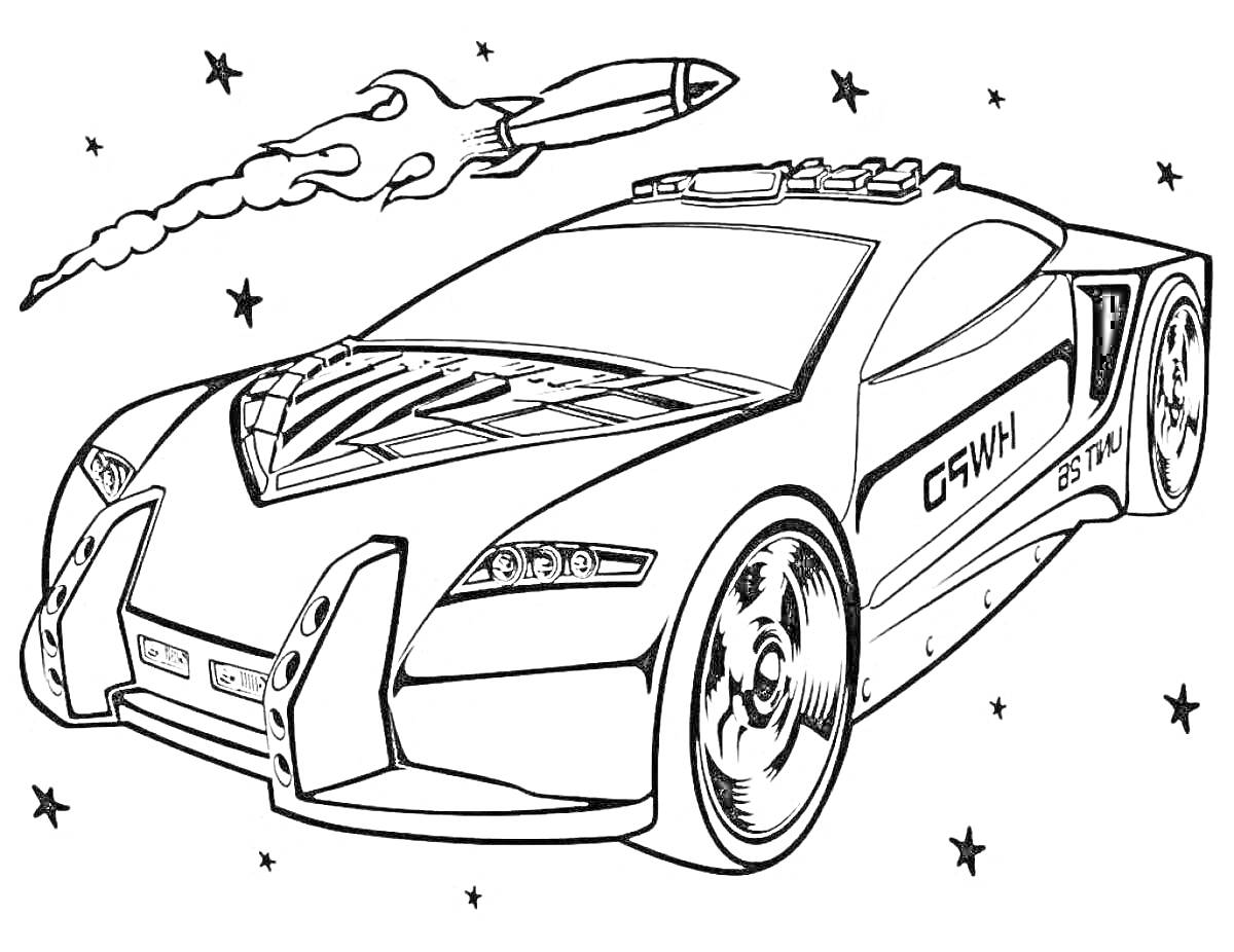 Раскраска Спортивная машина с ракетой и звездочками на фоне