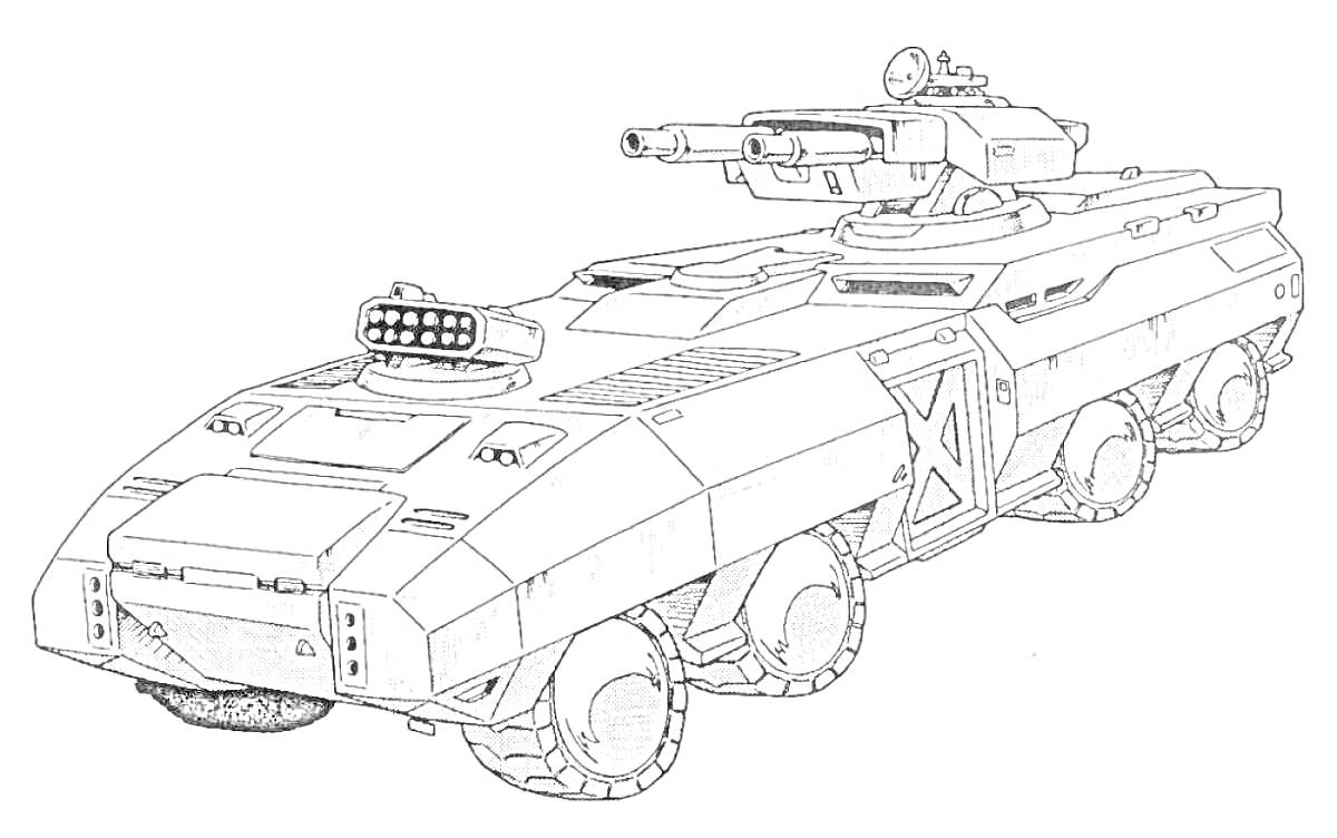 Раскраска Бронетранспортер с пушкой и шестью колесами