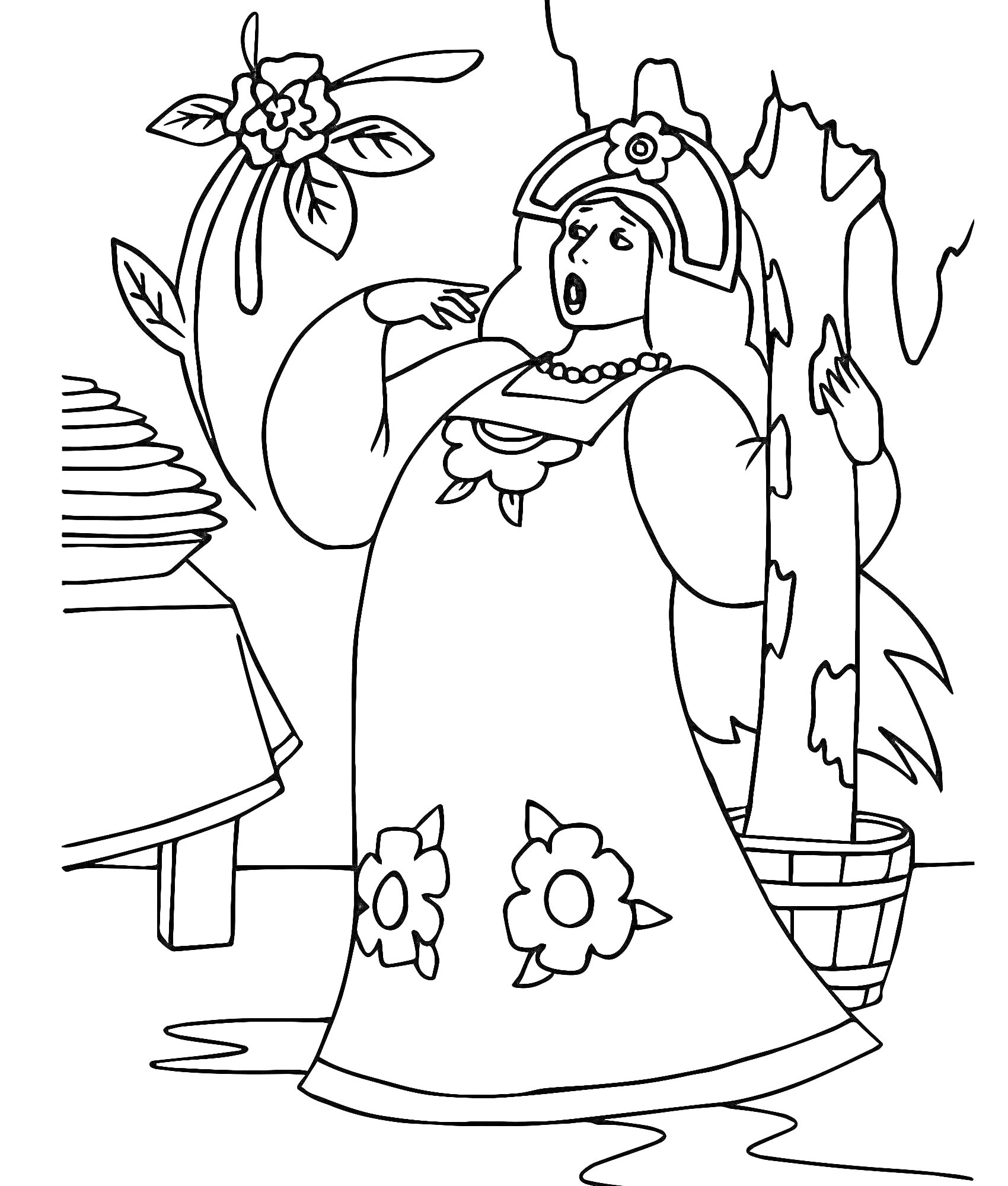 На раскраске изображено: Баба Яга, Стол, Цветы