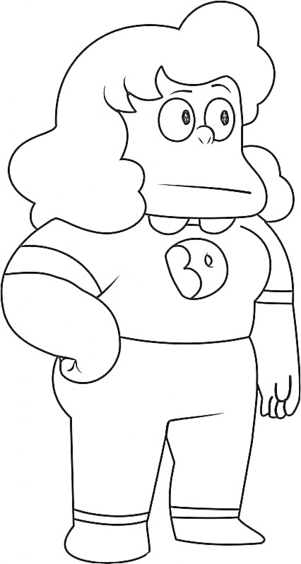 Женский персонаж из Вселенной Стивена с кудрявыми волосами, в футболке с логотипом и брюках