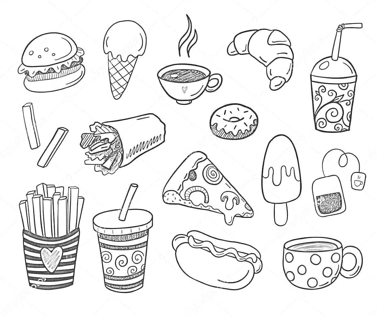 На раскраске изображено: Гамбургер, Мороженое, Кофе, Напиток, Буррито, Пончик, Пицца, Чайный пакетик, Хот-дог, Коктейль, Картофель фри