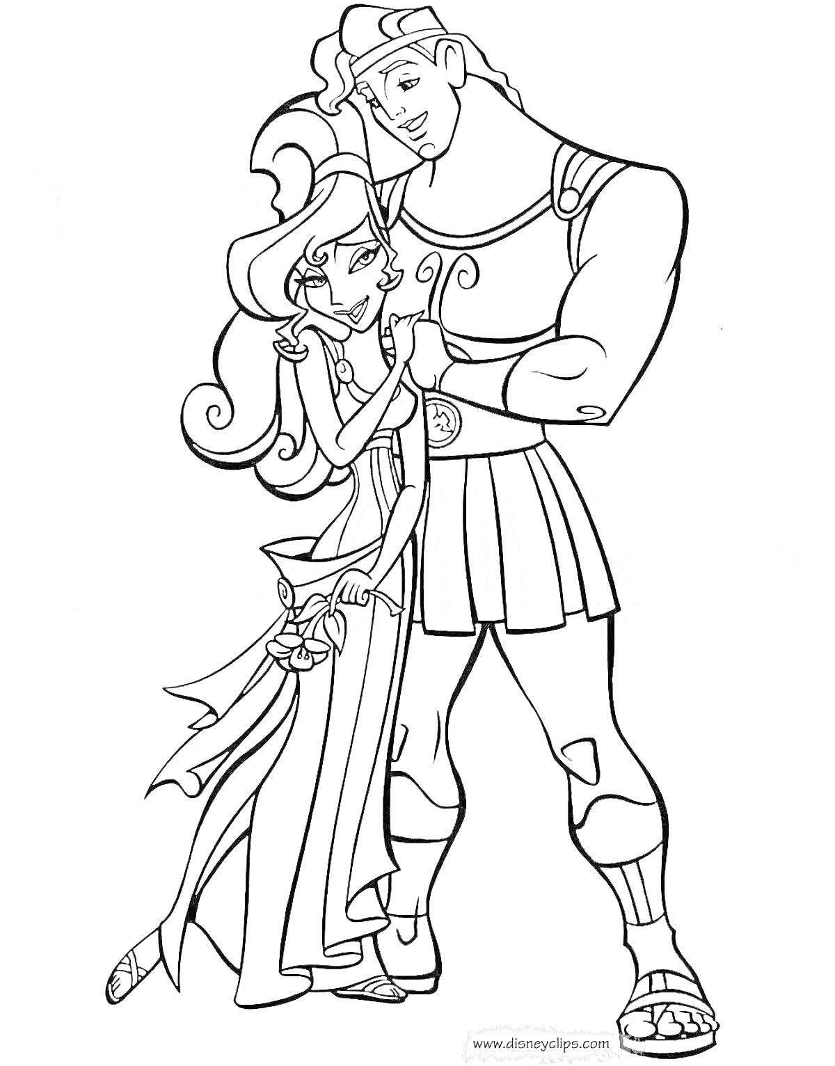 Раскраска Геракл и девушка в платье, с посохом и подарком в руках