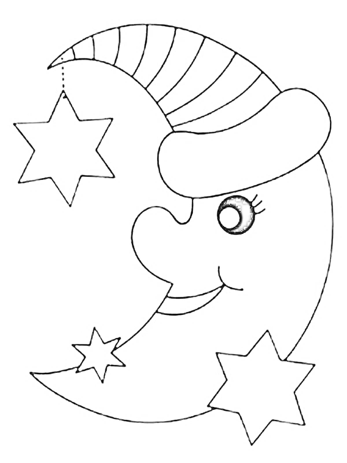 Раскраска Полумесяц с лицом в ночном колпаке и звездами