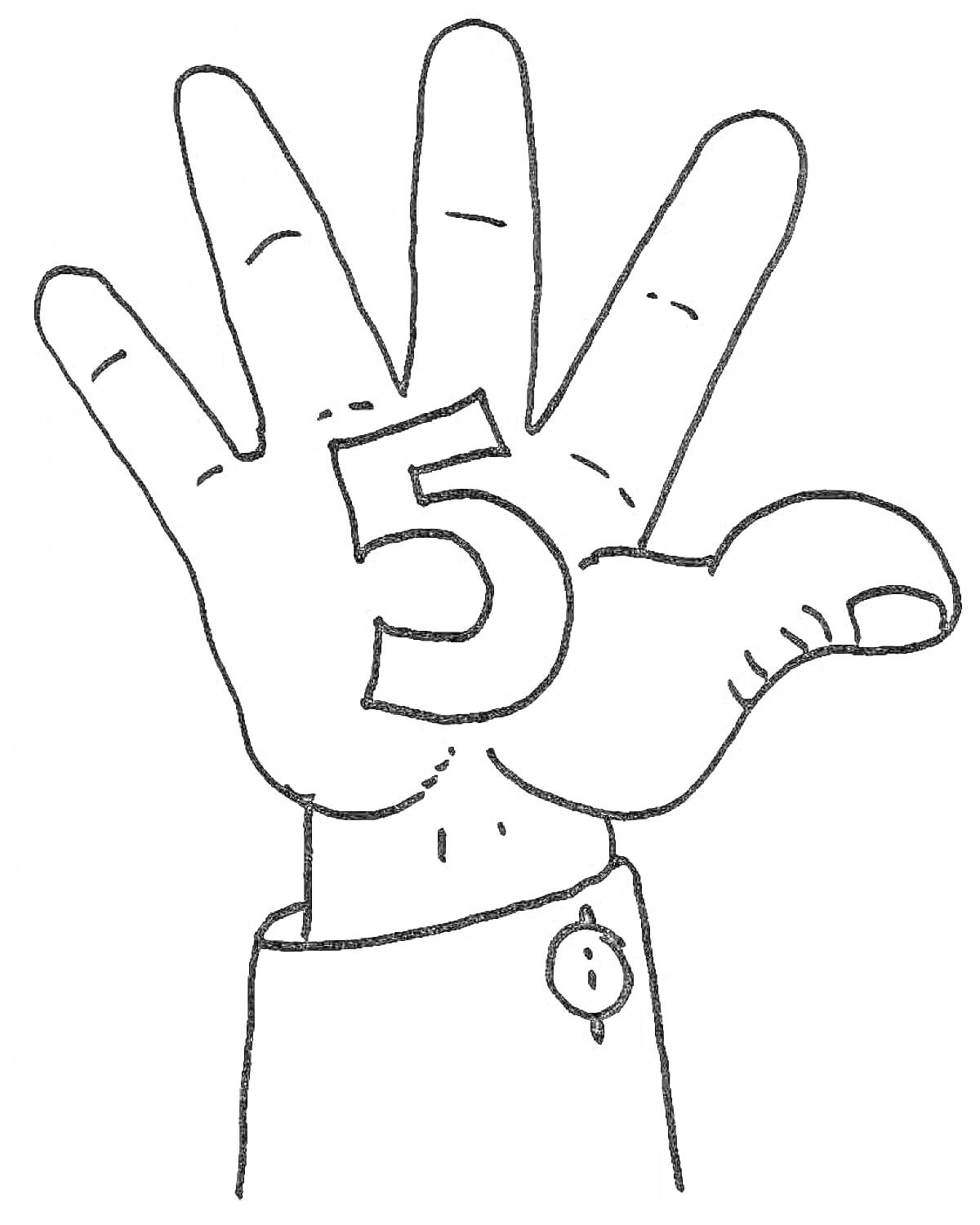 На раскраске изображено: Рука, Ладонь, Цифра 5, Пять пальцев