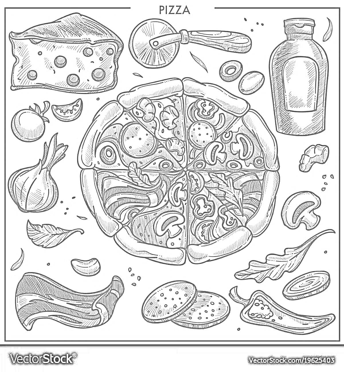Пицца и ингредиенты: кусок сыра, нож для пиццы, бутылка с соусом, помидоры, лук, гриб, салатные листья, баклажан, две колбаски, ароматная трава, чеснок, кусок мяса