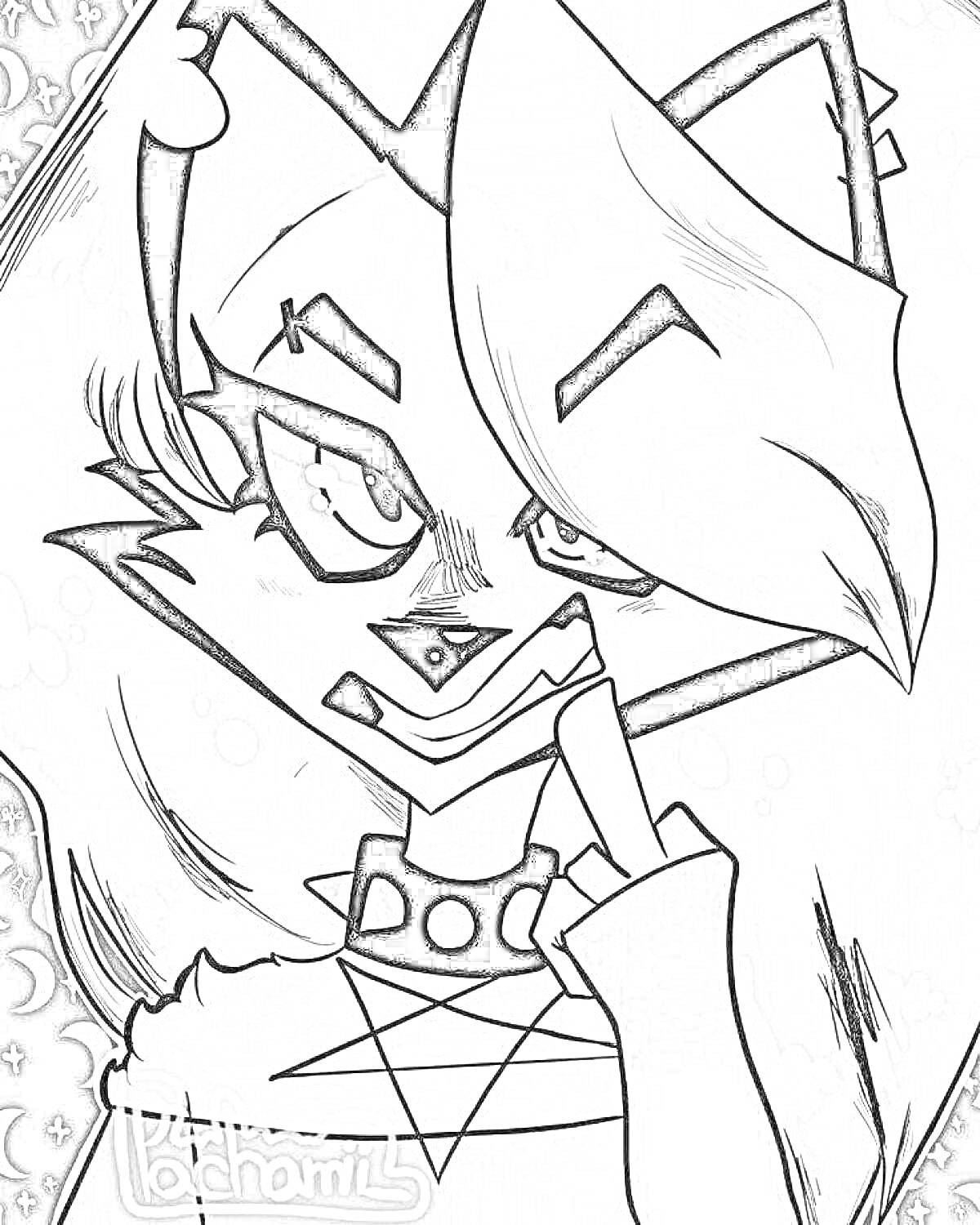 Раскраска Персонаж с острыми ушами, длинными волосами, крестом на шее и гримасой, показывающий палец.