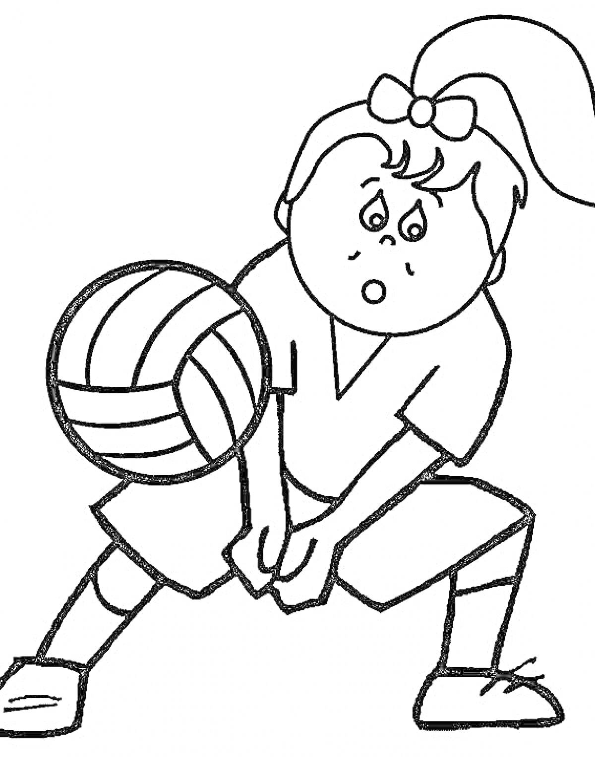 На раскраске изображено: Девочка, Мячик, Хвостик, Форма, Спорт, Волейбол