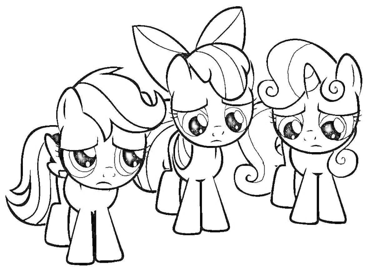 На раскраске изображено: My Little Pony, Пони, Глаза, Прически, Три пони