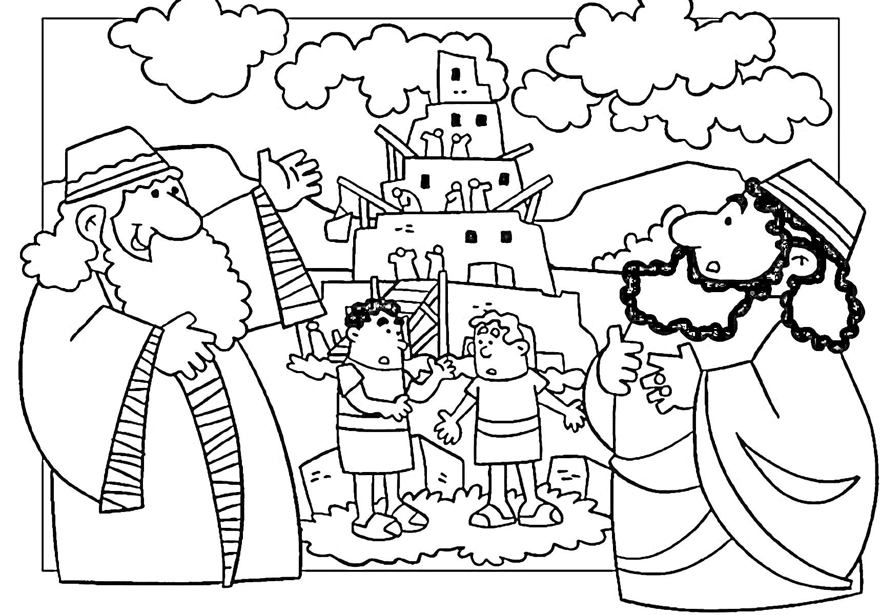 Раскраска Два человека обсуждают строительство Вавилонской башни, на заднем фоне строители работают над башней, на небе облака