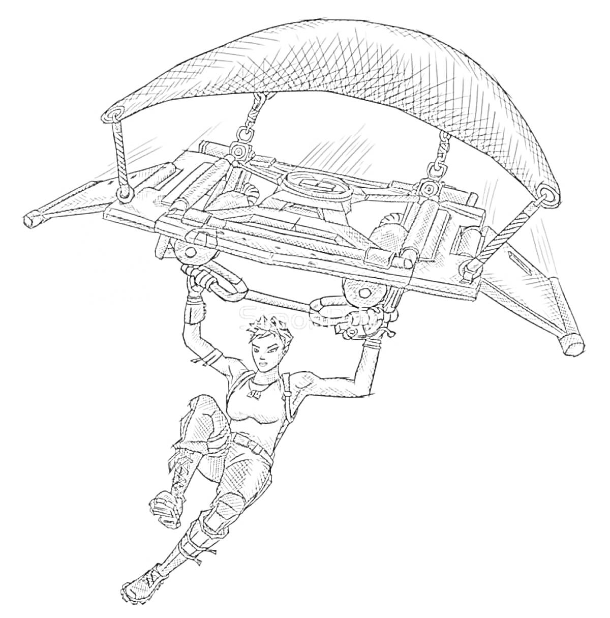 Раскраска Человек с парашютом из ПАБГ, в защитной экипировке и арбалете