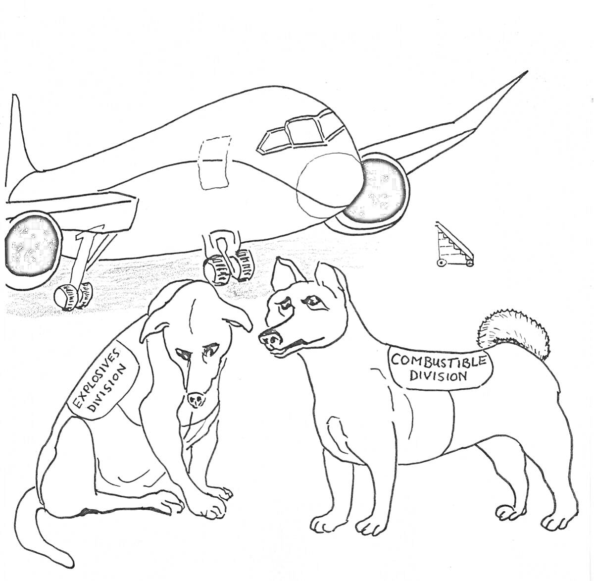 На раскраске изображено: Полиция, Безопасность, Авиация, Багаж, Собака