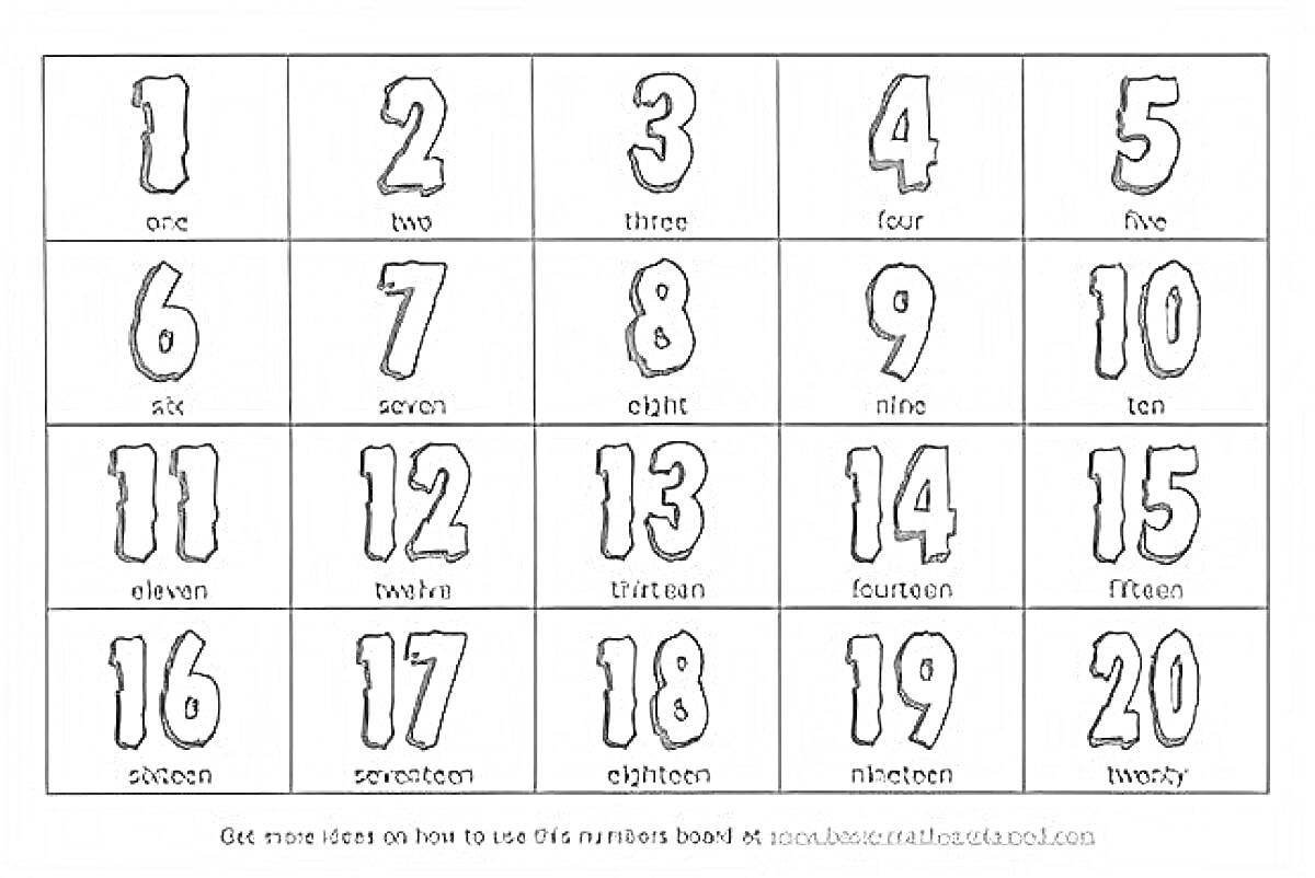 Раскраска Раскраска с цифрами от 1 до 20 с подписями на английском