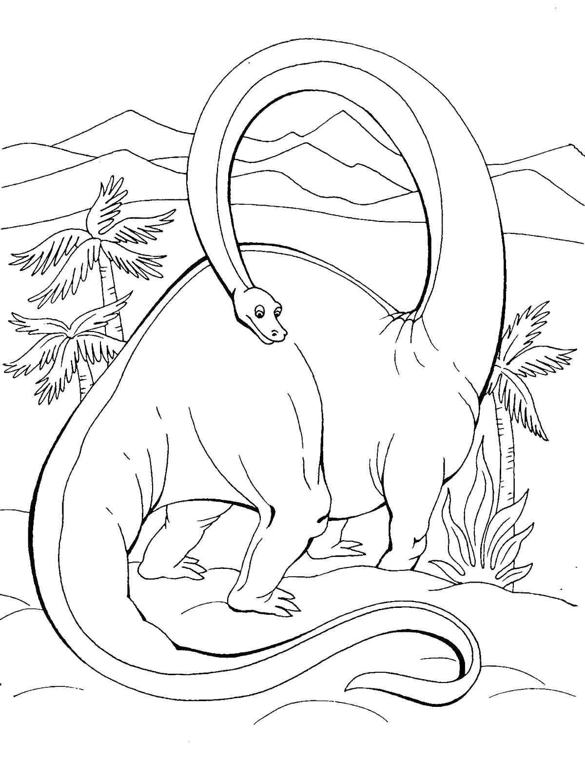 Раскраска Динозавр с длинной шеей на фоне гор и деревьев