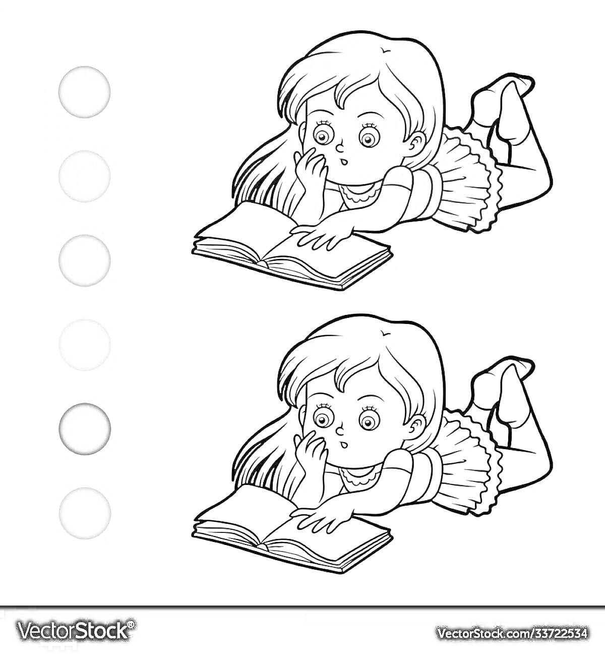 На раскраске изображено: Девочка, Книга, Чтение, Цветная версия, Черно-белая версия