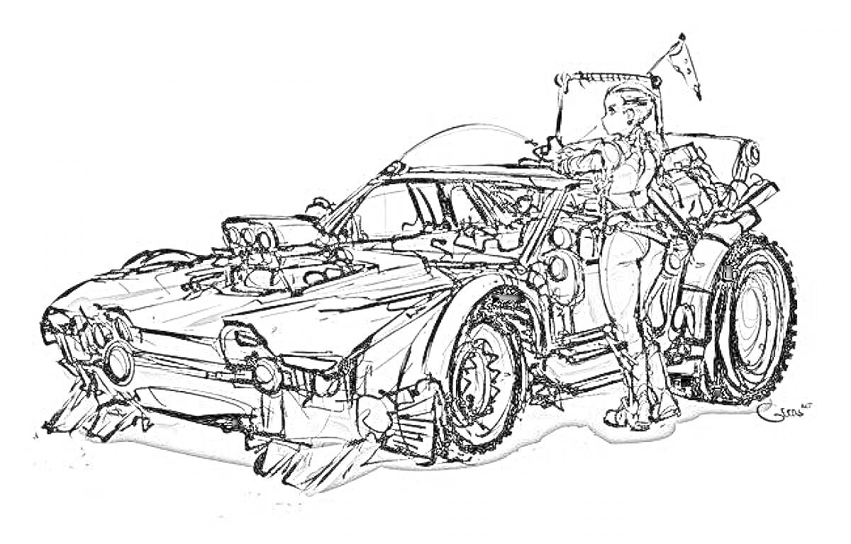 На раскраске изображено: Безумный Макс, Боевая машина, Девушка-воин, Постапокалипсис, Транспорт, Оружие, Флаг, Механоид
