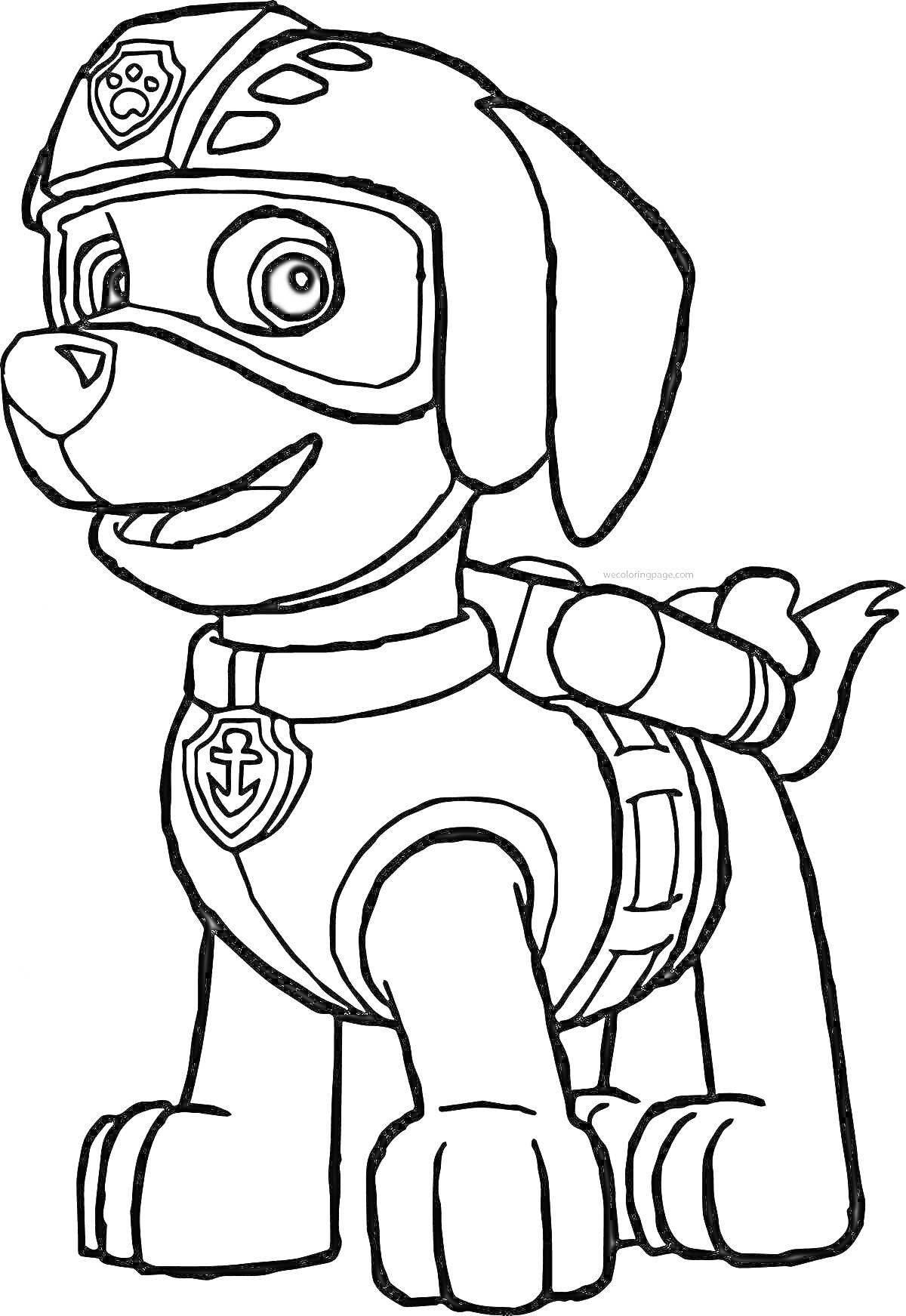 Раскраска Собачий патруль - щенок в защитной каске и очках с эмблемой якоря