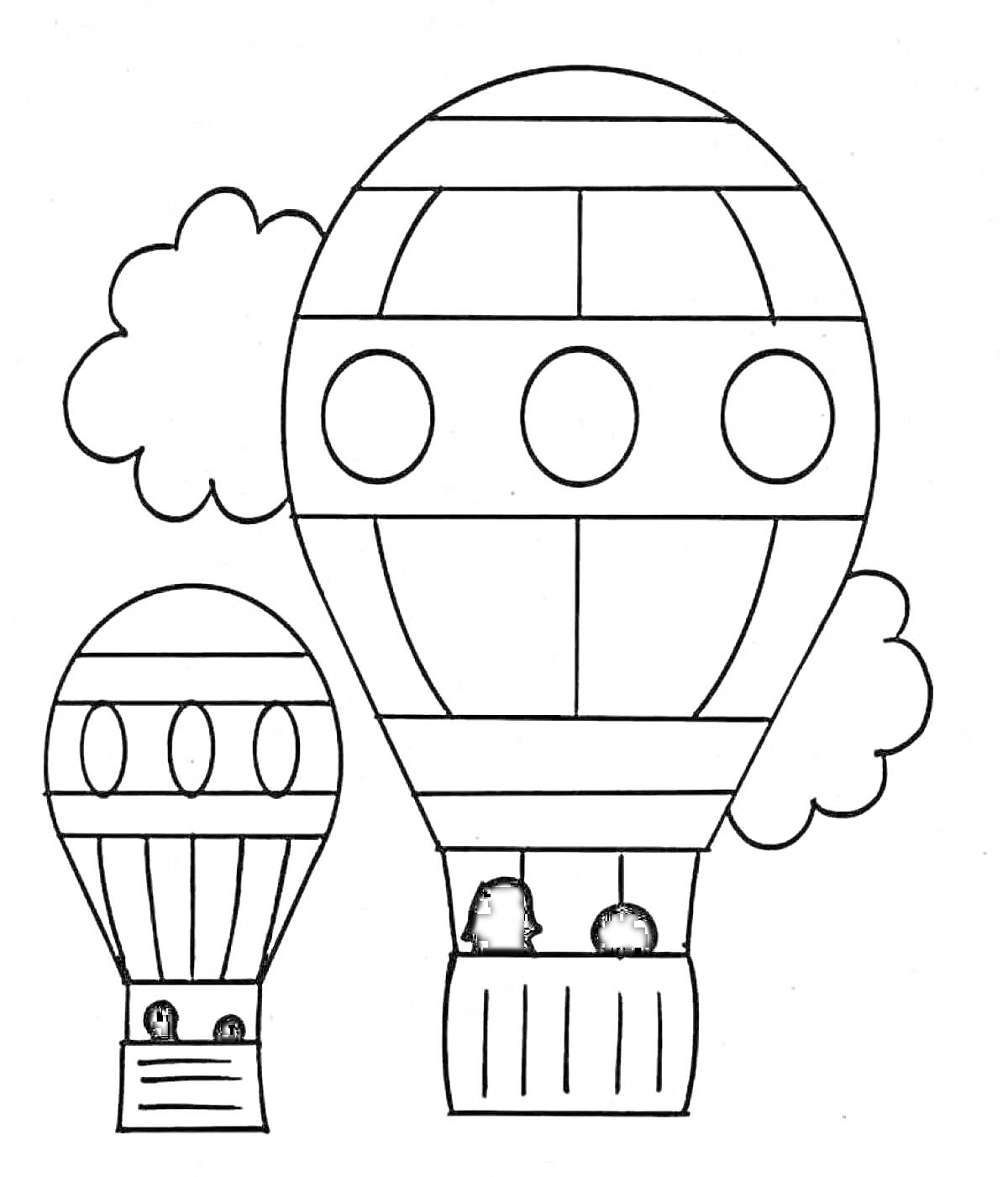 На раскраске изображено: Воздушные шары, Облака, Пассажиры, Транспорт, Воздушный транспорт