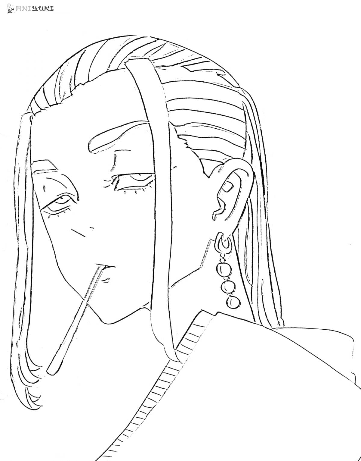 Раскраска Человек с длинными волосами и сигаретой, с сережками и рисунком на голове