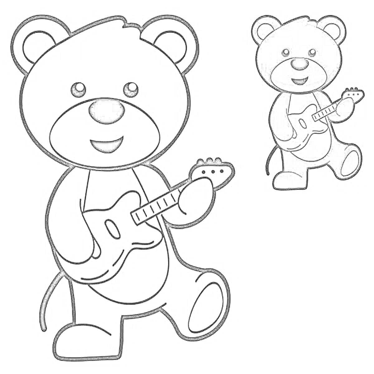 На раскраске изображено: Гитара, Для детей, Музыканты, Игрушки, Медведь
