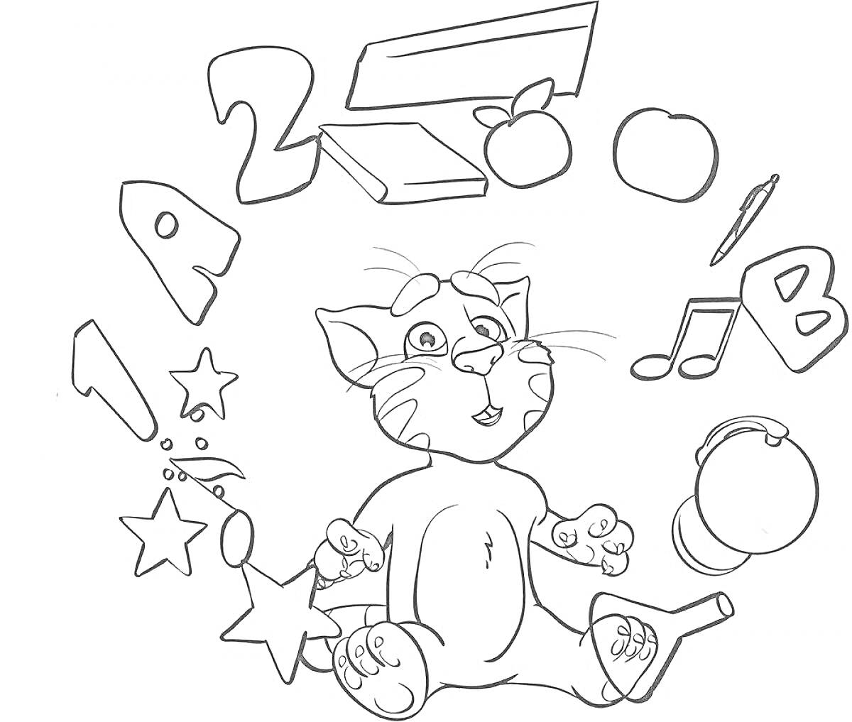Раскраска Кошка с буквами, цифрами, звездами, яблоками, ручкой, музыкальными нотами и шариком