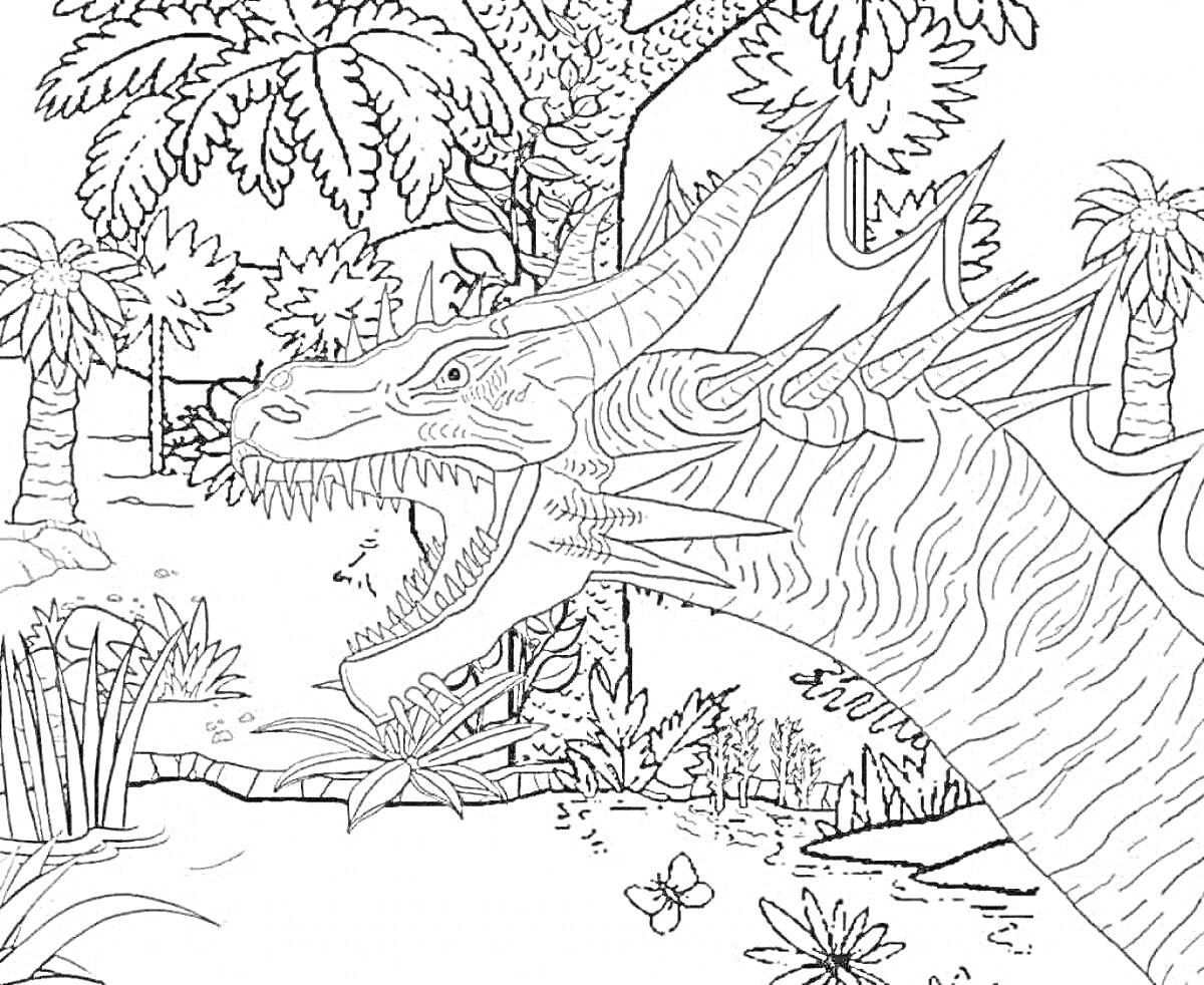 На раскраске изображено: Динозавр, Джунгли, Пальмы, Природа, Древний мир, Папоротники, Предыстория
