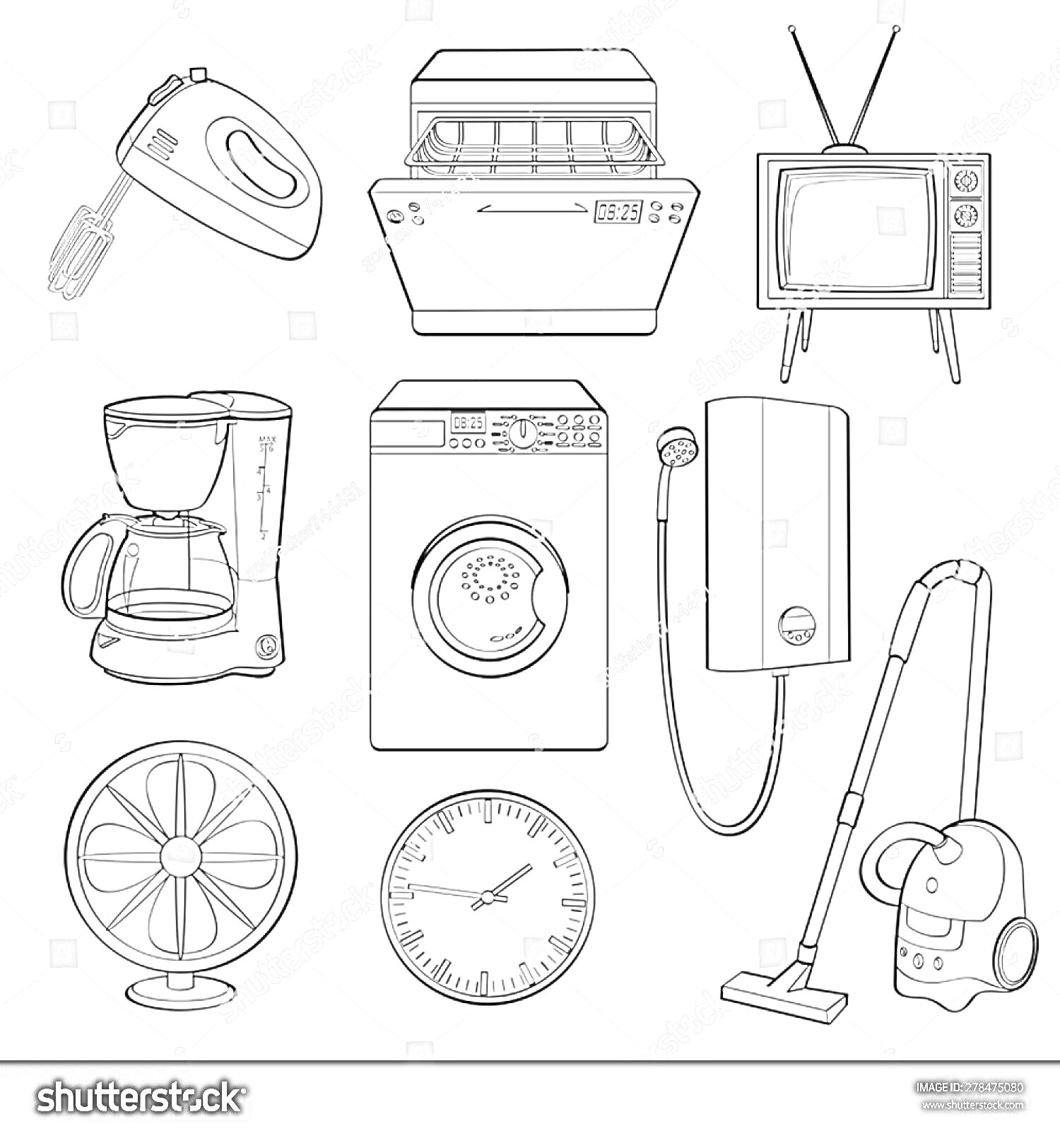 Раскраска кухонный миксер, посудомоечная машина, телевизор, кофеварка, стиральная машина, вентилятор, настенные часы, водонагреватель, пылесос