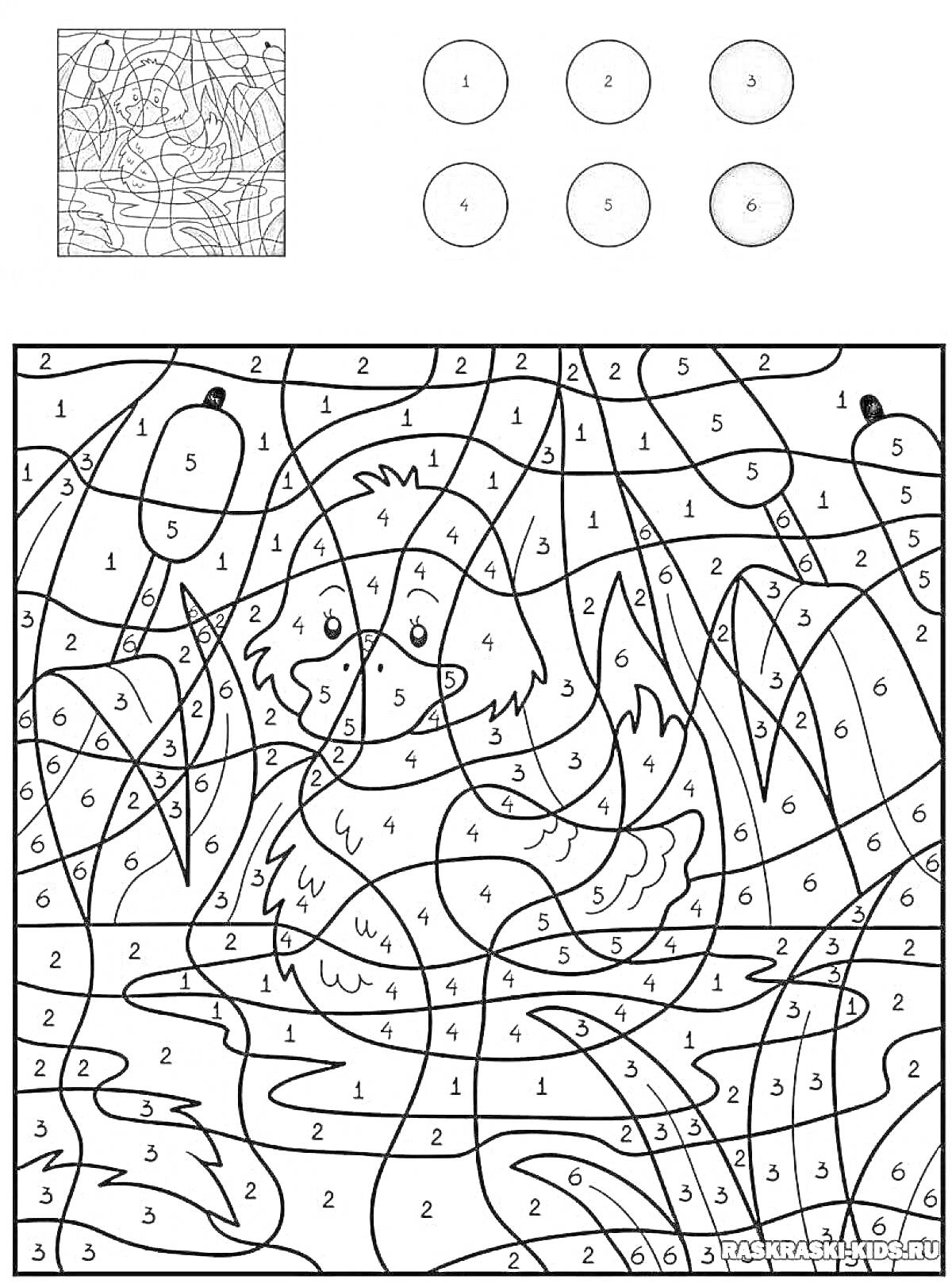 На раскраске изображено: По номерам, Для мальчиков, 5 лет, Утка, Пруд, Кувшинки, Обучение, Творчество