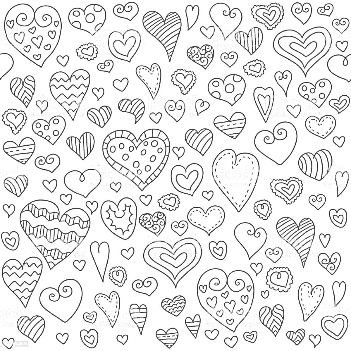 Раскраска Раскраска с разными видами сердечек на белом фоне: большие, маленькие, с узорами, полосками, точками, завитками и обводкой.
