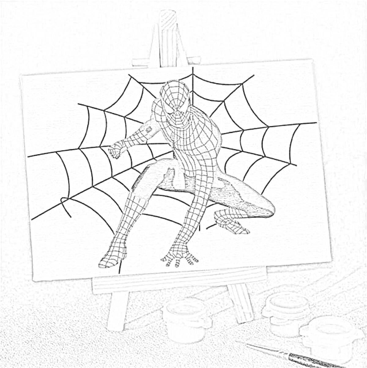 На раскраске изображено: По номерам, Человек-паук, Паутина, Мольберт, Краски