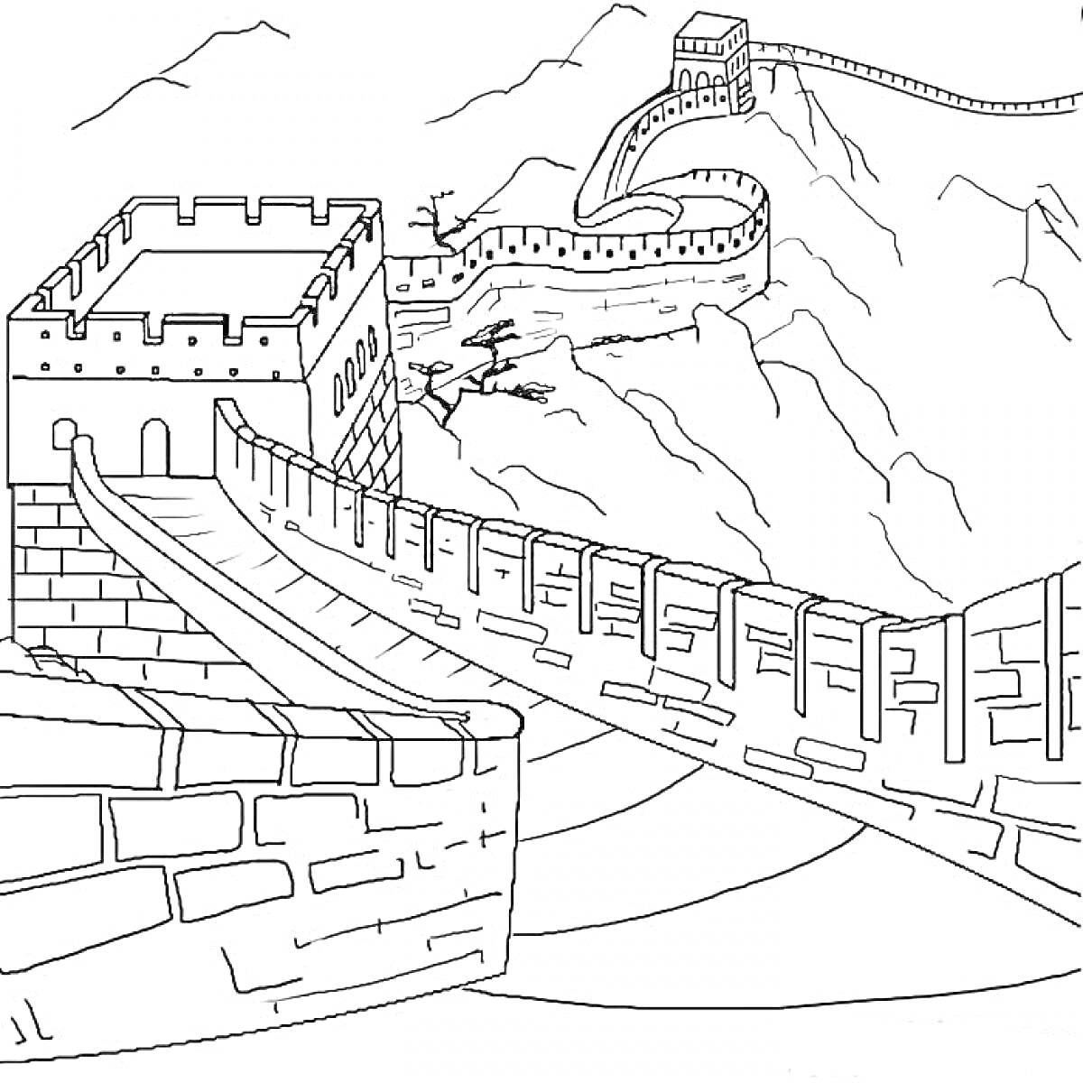 Раскраска Великая Китайская стена с башнями на фоне гор