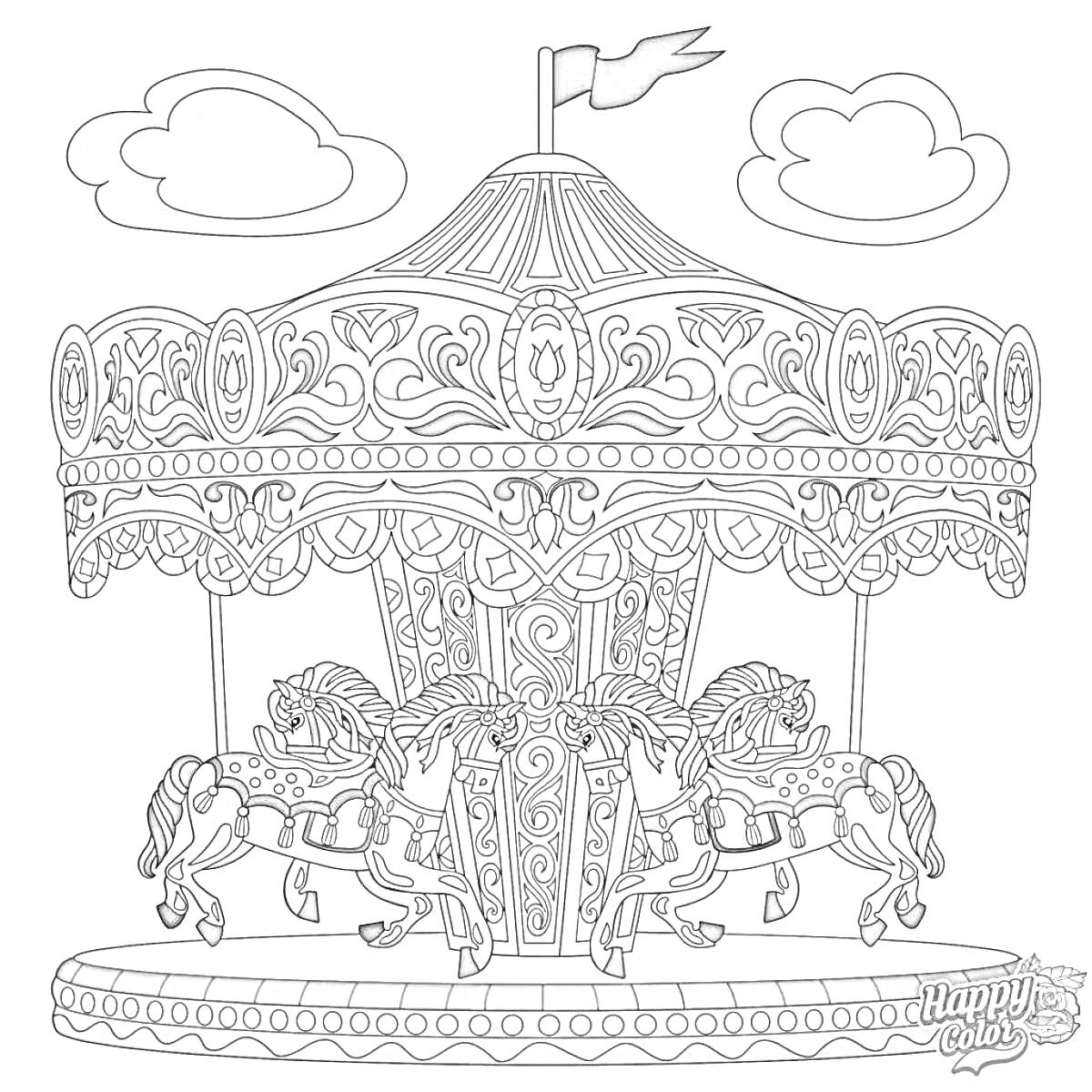 Раскраска Карусель с лошадками и флагом на вершине, разукрашенная в яркие цвета, с декоративным верхом и двумя облаками на заднем плане.